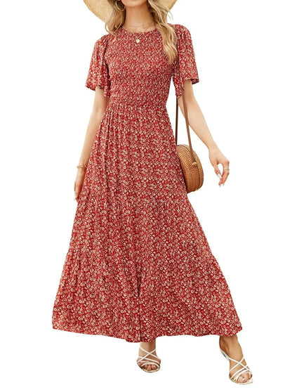 Women's 2026 Summer Casual Floral Print Short Flutter Sleeve Flowy Maxi Dress