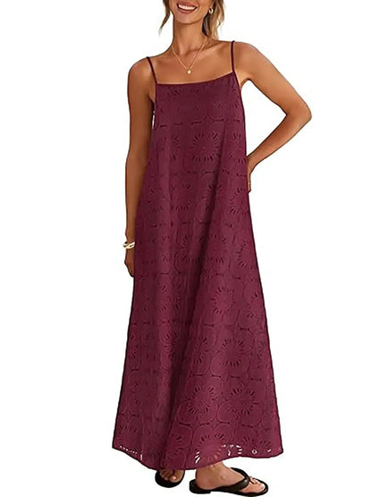 Women's Boho Hollow Floral Spaghetti Strap Maxi Dress