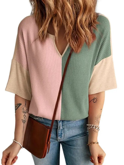 Women's Color Block Waffle Knit Notch Neck Top