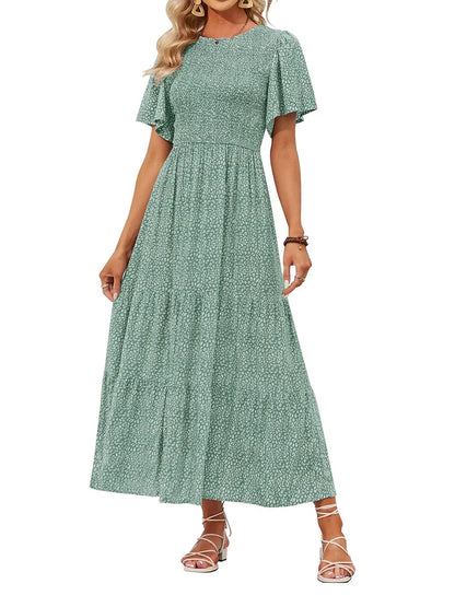 Women's 2026 Summer Casual Floral Print Short Flutter Sleeve Flowy Maxi Dress