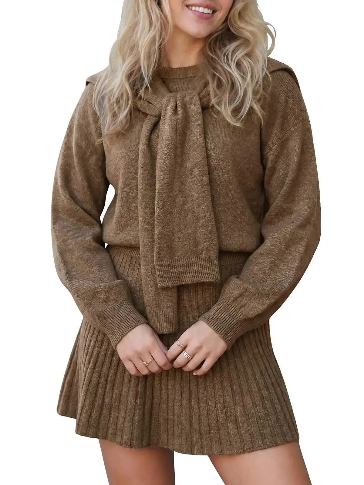 Women's Cozy Knit Tie-Neck Sweater & Skirt Set