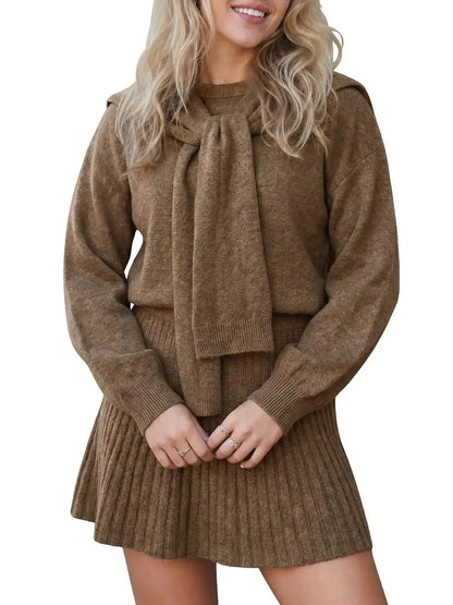 Women's Cozy Knit Tie-Neck Sweater & Skirt Set
