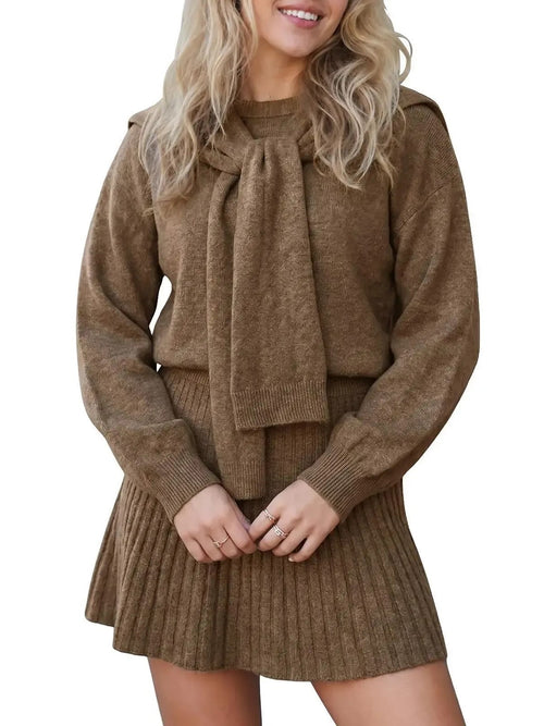 Women's Cozy Knit Tie-Neck Sweater & Skirt Set