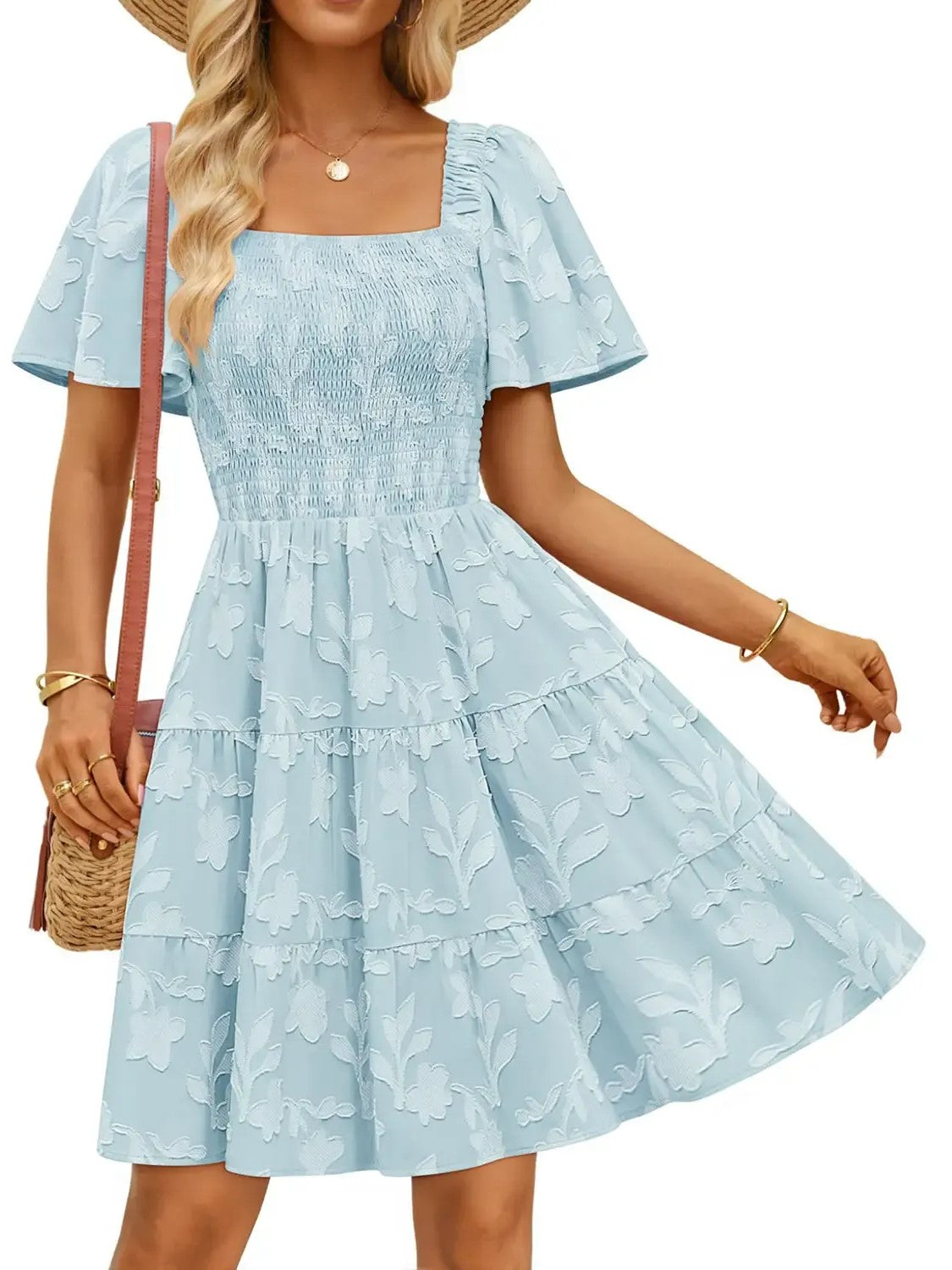 Women‘s Square Neck Floral Flutter Sleeve A Line Dress