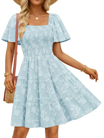 Women‘s Square Neck Floral Flutter Sleeve A Line Dress
