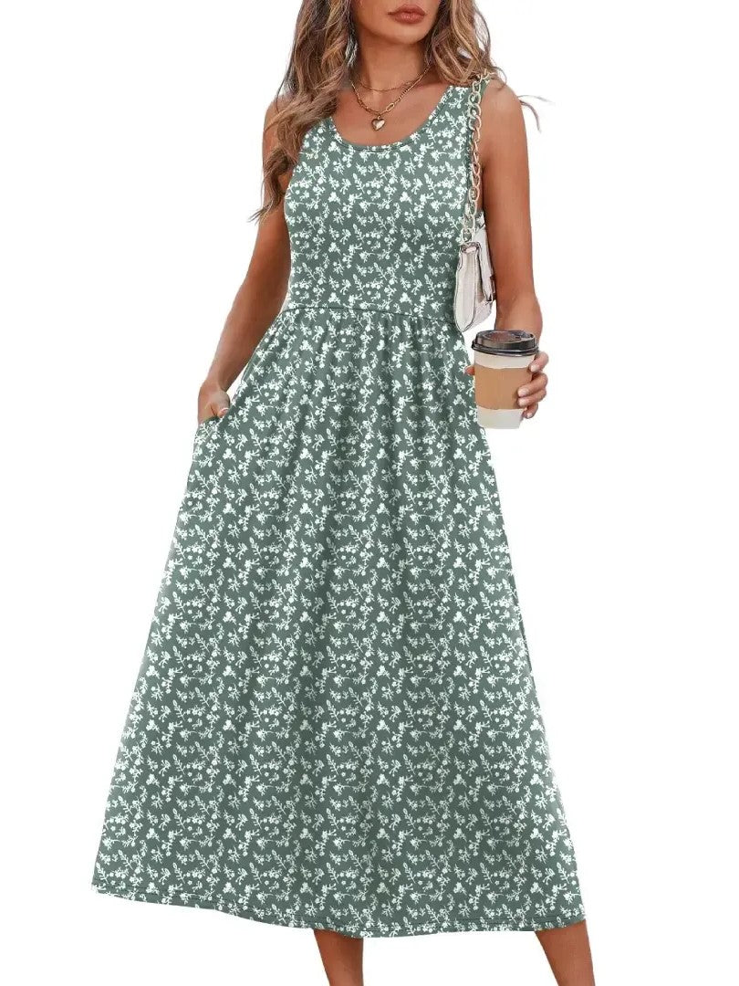 Women's Round Neck A Line Casual Midi Dress