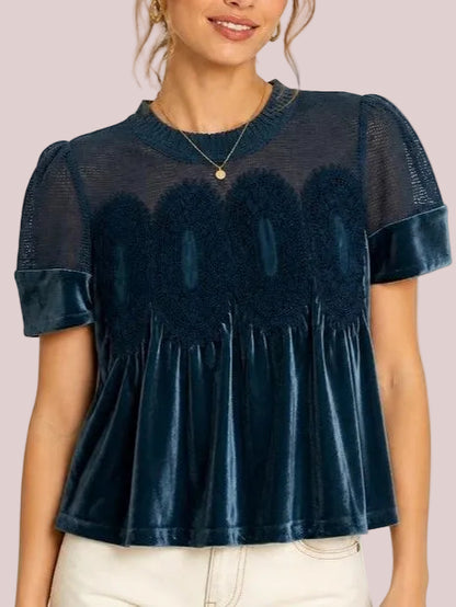 Women's Lace Patchwork Velvet Peplum Short Puff Sleeve Blouse
