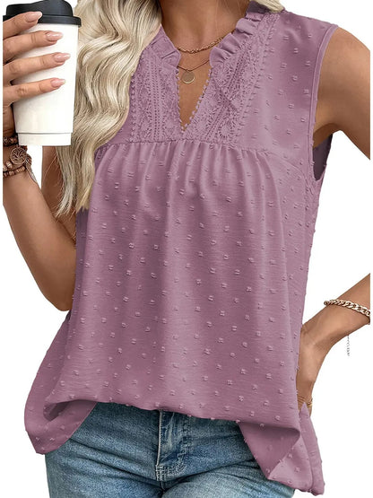 Women's Summer Ruffled Collar Swiss Dot Sleeveless Blouse