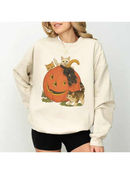 Women's Vintage Halloween Kitten Pumpkin Casual Pullover