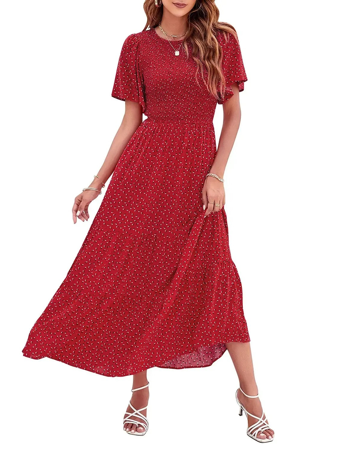 Women's 2026 Summer Casual Floral Print Short Flutter Sleeve Flowy Maxi Dress