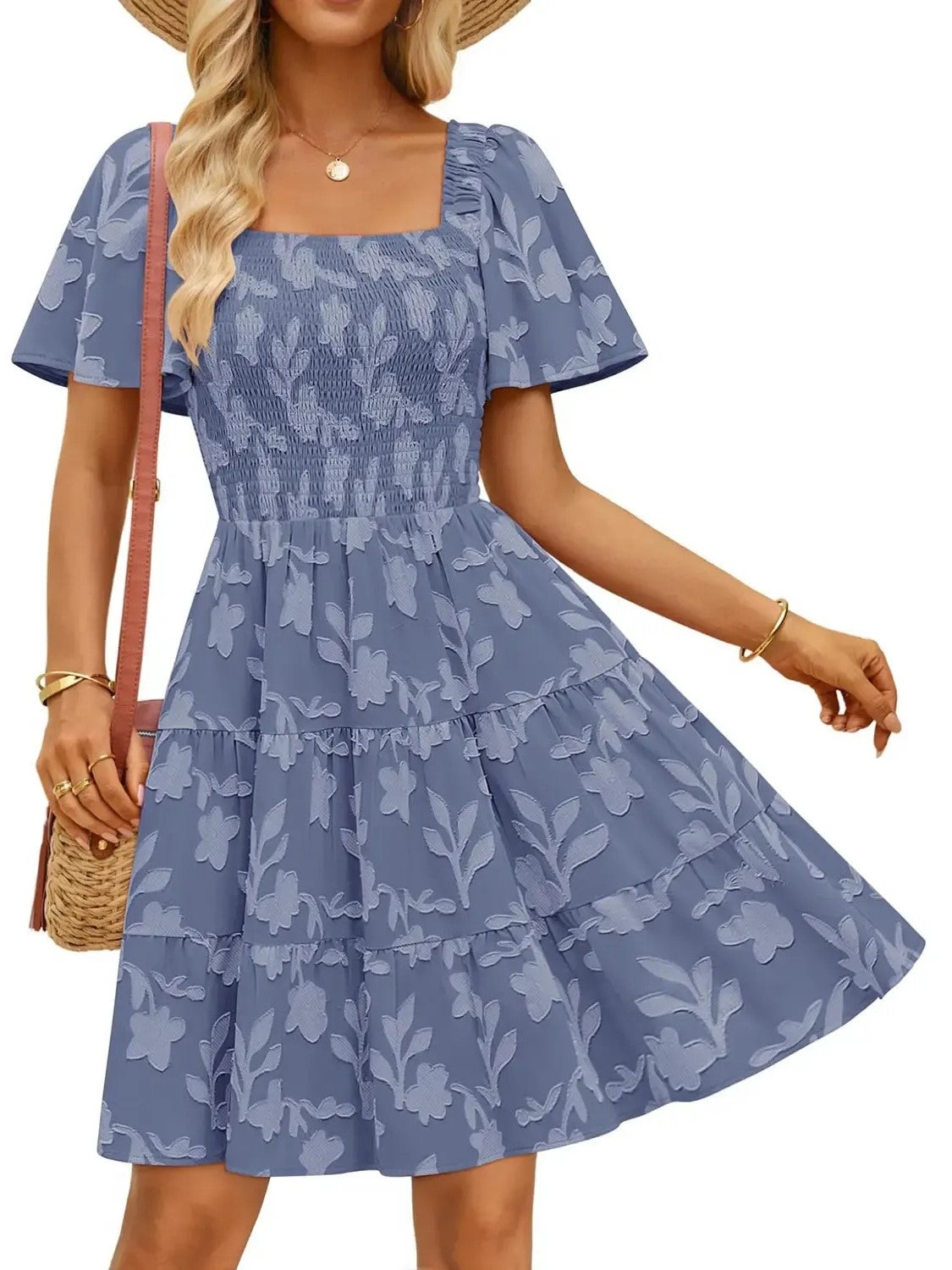 Women‘s Square Neck Floral Flutter Sleeve A Line Dress