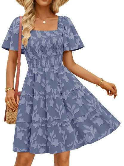 Women‘s Square Neck Floral Flutter Sleeve A Line Dress