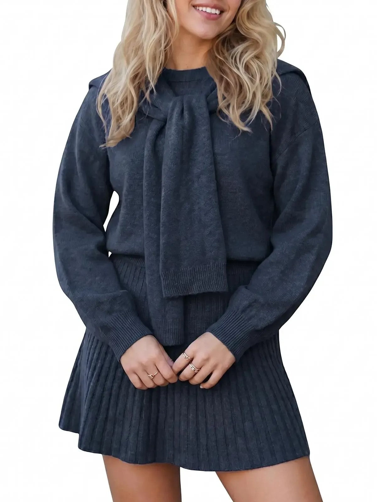Women's Cozy Knit Tie-Neck Sweater & Skirt Set