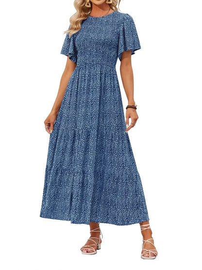 Women's 2026 Summer Casual Floral Print Short Flutter Sleeve Flowy Maxi Dress