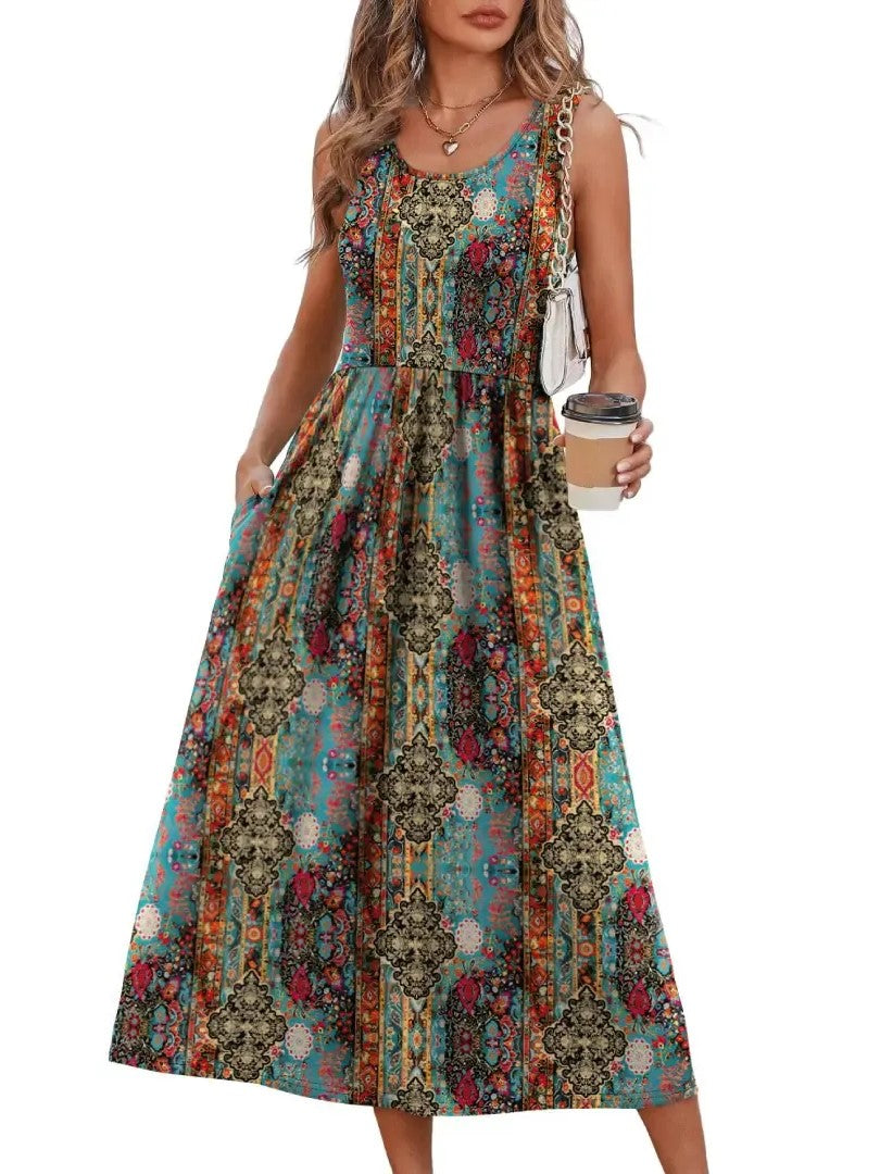 Women's Round Neck A Line Casual Midi Dress
