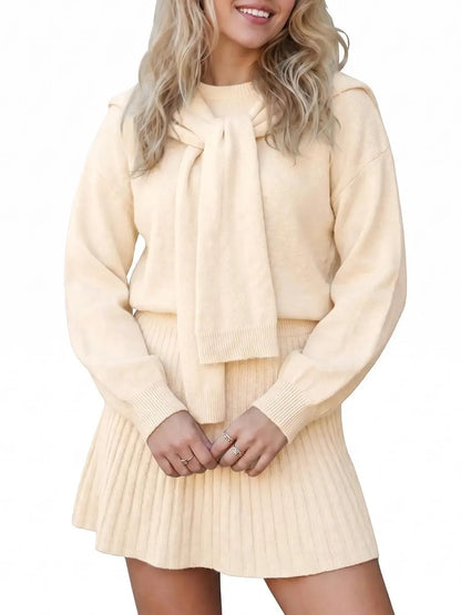 Women's Cozy Knit Tie-Neck Sweater & Skirt Set