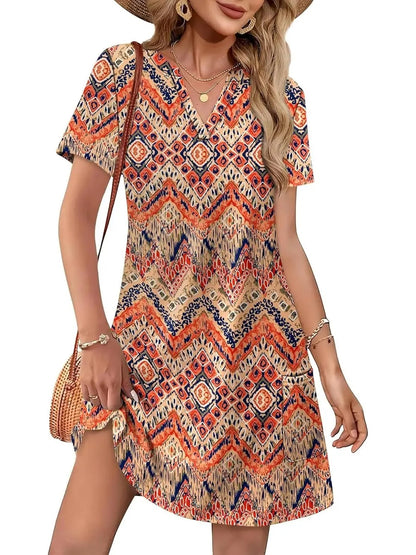 Women's Spring & Summer V-Neck Printed Soft Dress