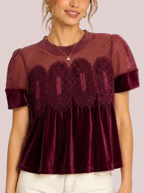 Women's Lace Patchwork Velvet Peplum Short Puff Sleeve Blouse
