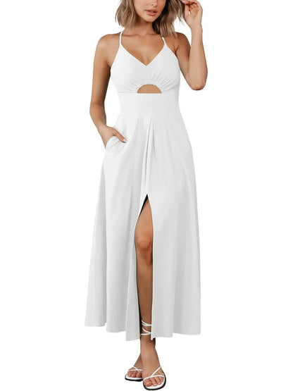 Women's Sleeveless V-Neck Cutout Cami Slit Maxi Dress