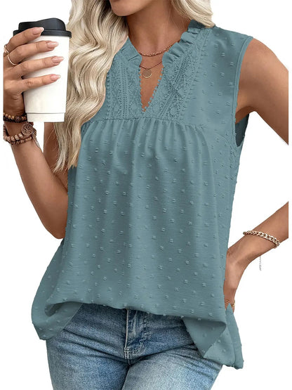 Women's Summer Ruffled Collar Swiss Dot Sleeveless Blouse