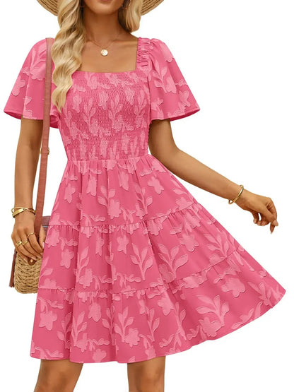 Women‘s Square Neck Floral Flutter Sleeve A Line Dress