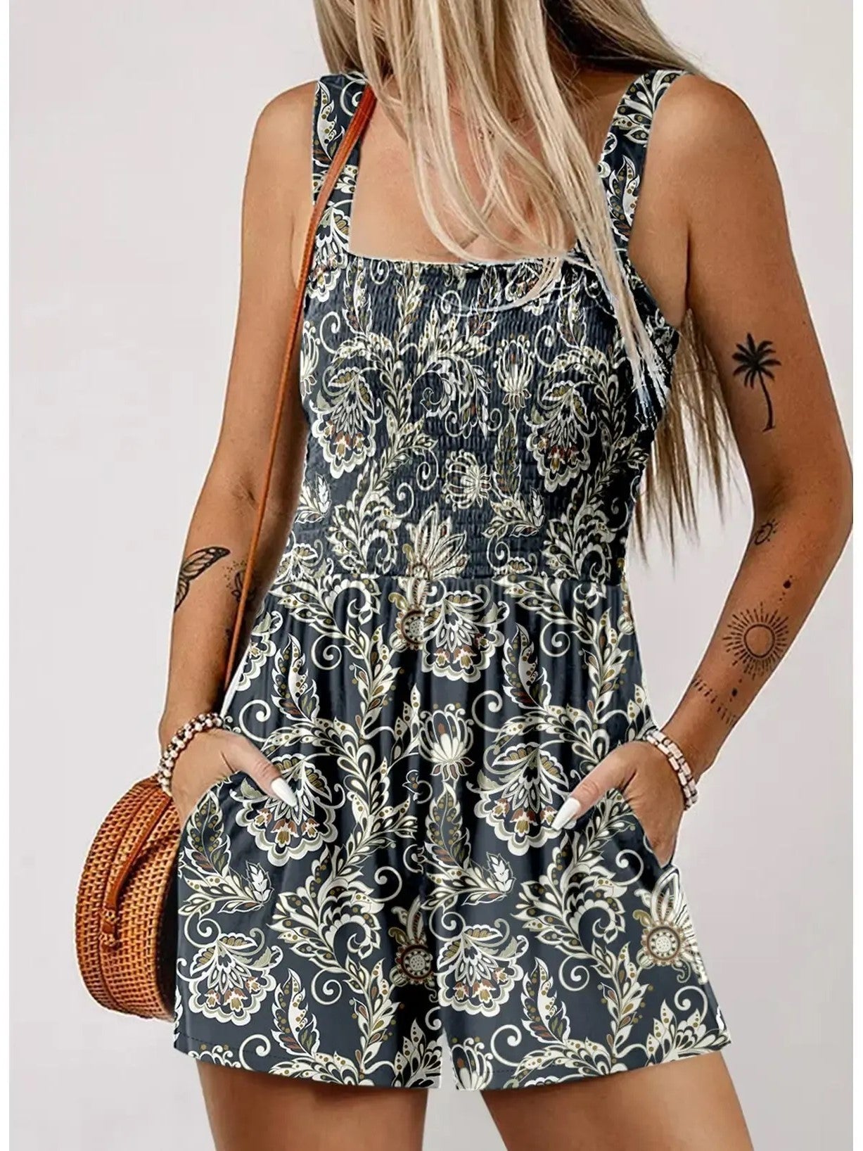 Women's Sleeveless Loose Floral Print Romper with Pockets