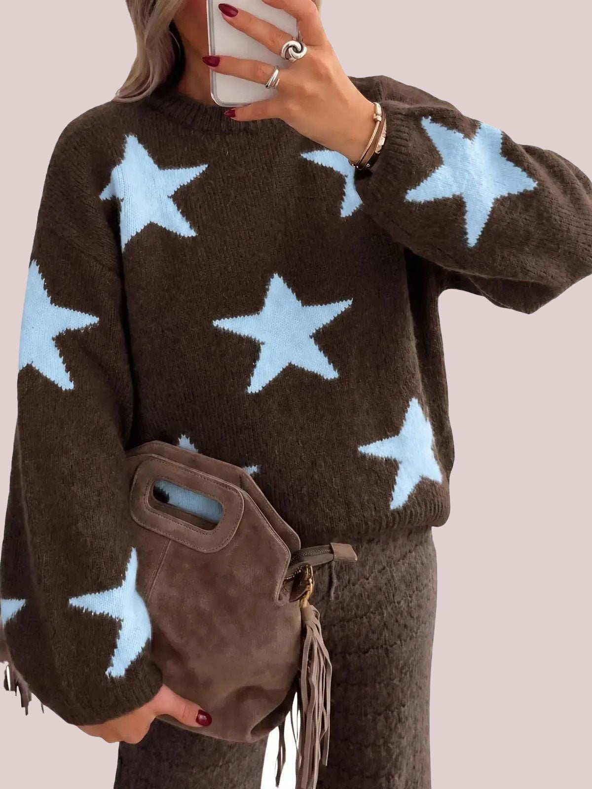 Women's Crew Neck Star Pattern Loose Pullover