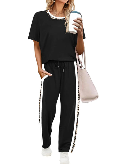 Women's Round Neck Tee & Drawstring Trousers Matching Set