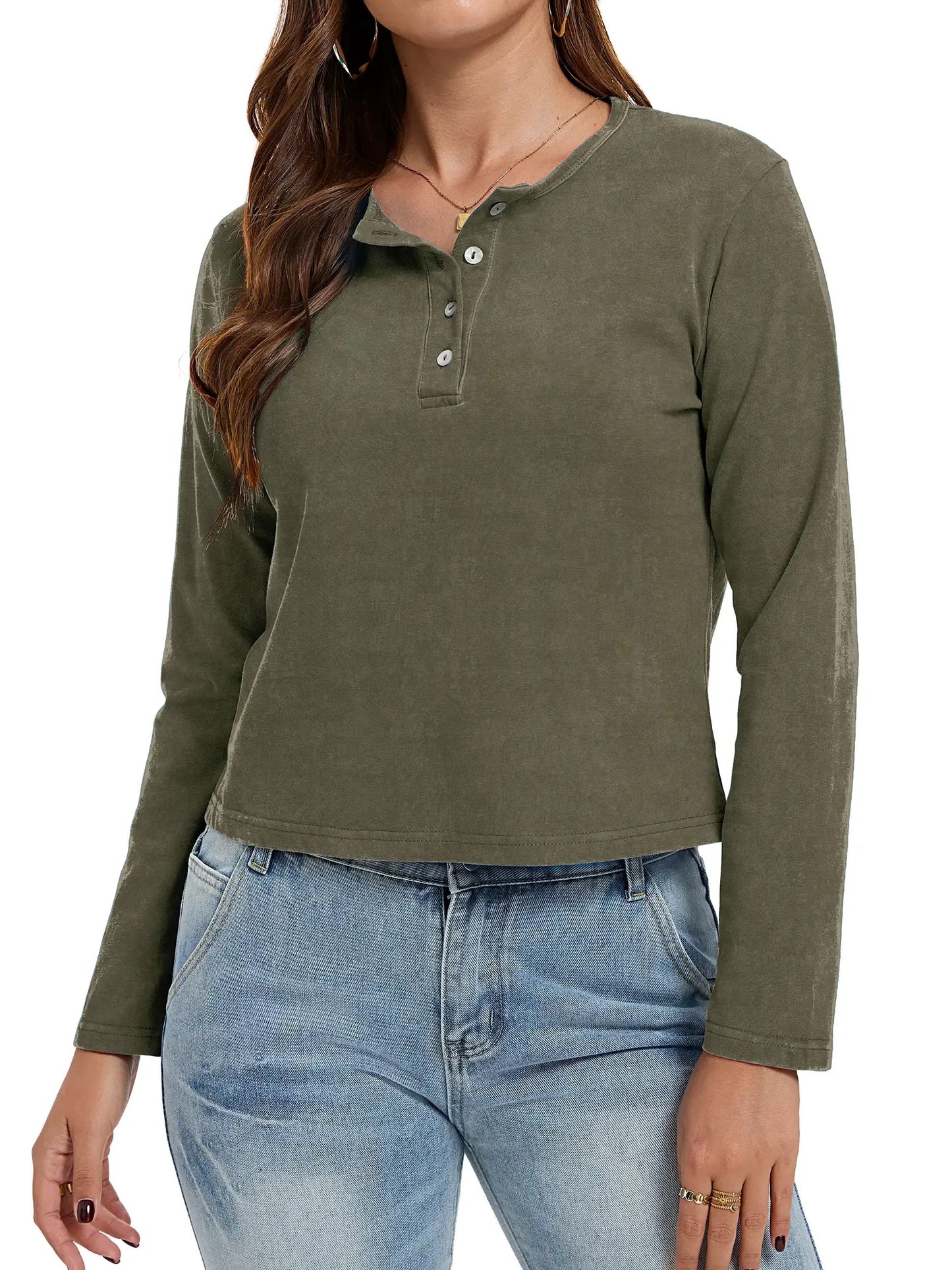 Women's Henley Neck Long Sleeve Cropped Top