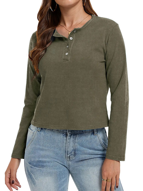 Women's Henley Neck Long Sleeve Cropped Top