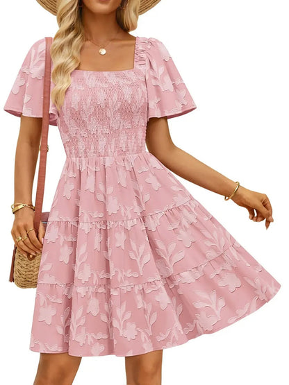 Women‘s Square Neck Floral Flutter Sleeve A Line Dress