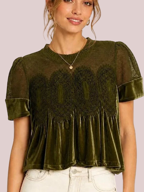 Women's Lace Patchwork Velvet Peplum Short Puff Sleeve Blouse