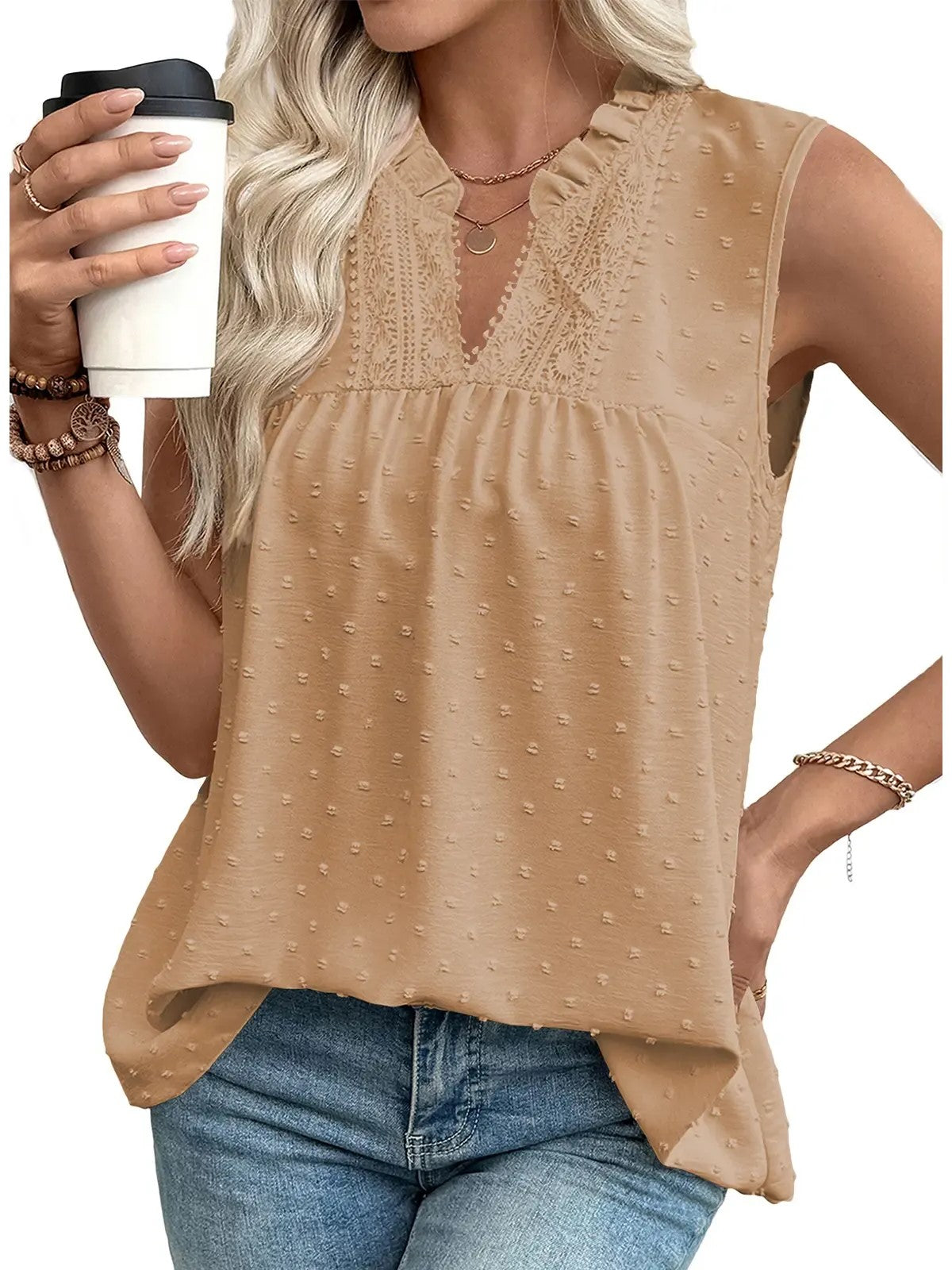 Women's Summer Ruffled Collar Swiss Dot Sleeveless Blouse