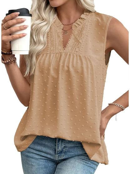 Women's Summer Ruffled Collar Swiss Dot Sleeveless Blouse
