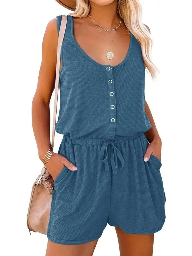 Women's Summer Scoop Neck Sleeveless Button Down Tank Top Rompers