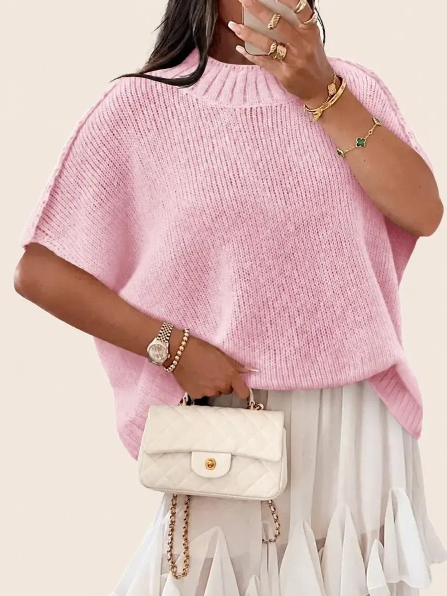 Women's Mock‑Neck Batwing Short‑Sleeve Knit Top