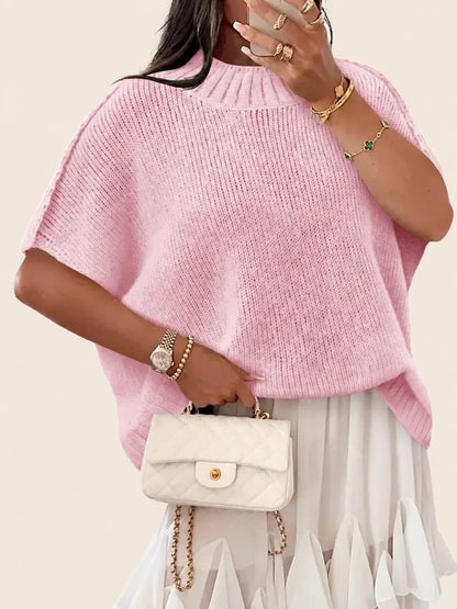 Women's Mock‑Neck Batwing Short‑Sleeve Knit Top