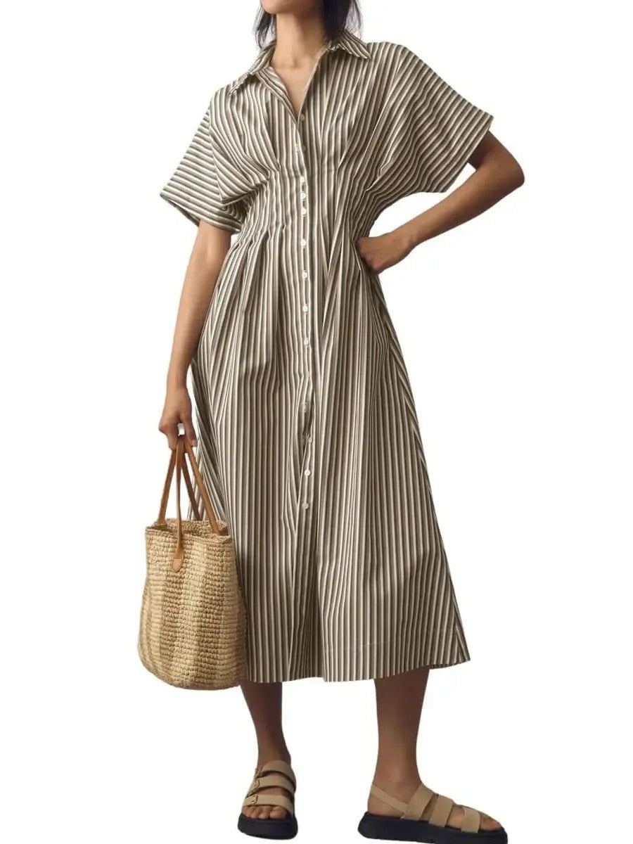 Women's Minimalist Striped Waist-Tucked Shirt Dress