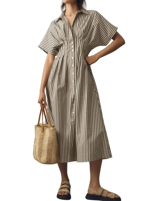 Women's Minimalist Striped Waist-Tucked Shirt Dress