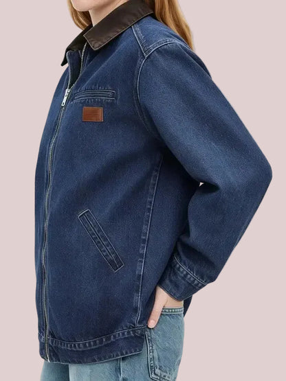 Women's Vintage Contrast Collar Zip Up Jacket