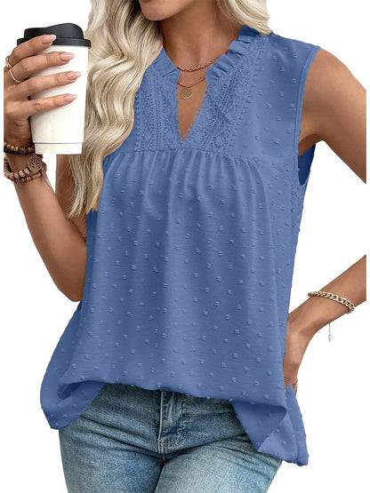 Women's Summer Ruffled Collar Swiss Dot Sleeveless Blouse