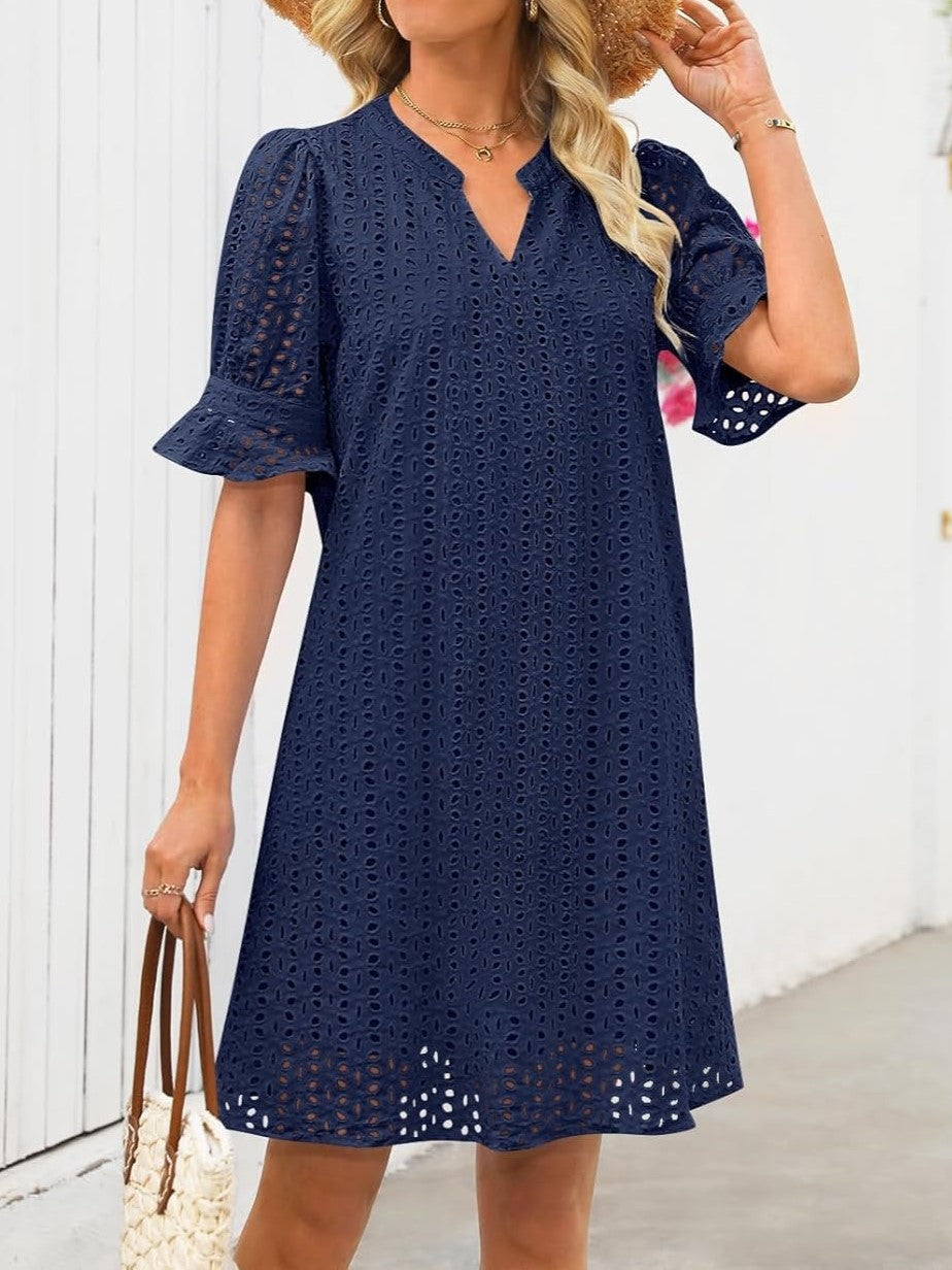 Flounce Sleeve Eyelet Tunic Dress for Women