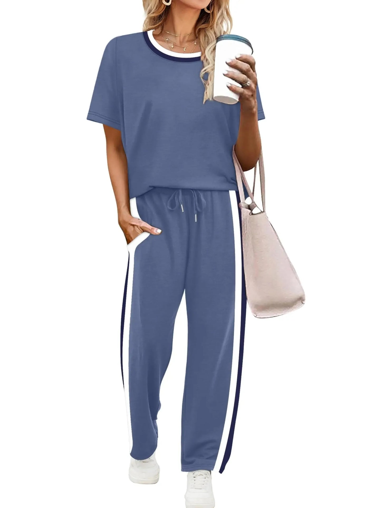 Women's Round Neck Tee & Drawstring Trousers Matching Set