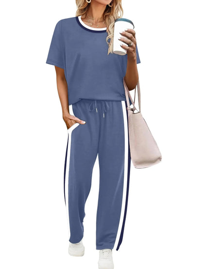 Women's Round Neck Tee & Drawstring Trousers Matching Set