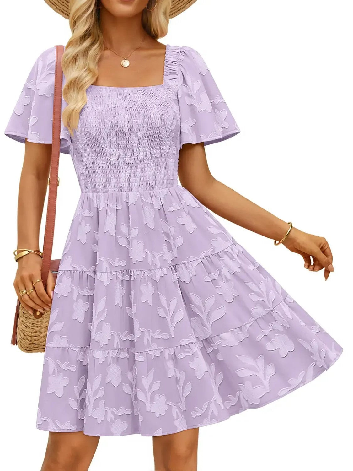 Women‘s Square Neck Floral Flutter Sleeve A Line Dress