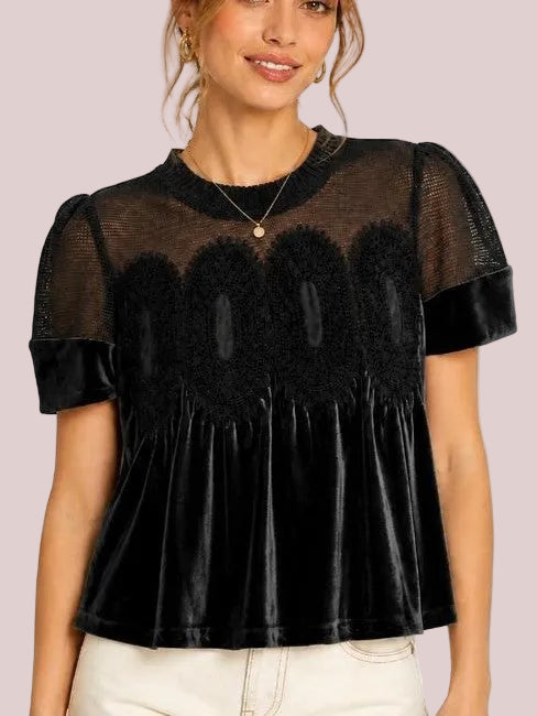 Women's Lace Patchwork Velvet Peplum Short Puff Sleeve Blouse