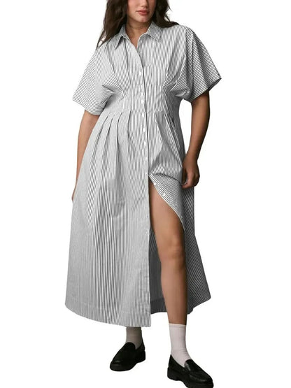 Women's Minimalist Striped Waist-Tucked Shirt Dress