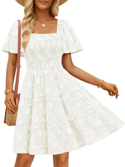 Women‘s Square Neck Floral Flutter Sleeve A Line Dress