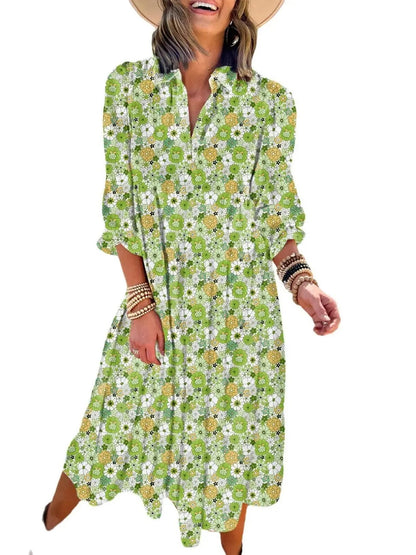 Women's Casual Bohemian Floral V-Neck Long Puff Sleeve Midi Dress