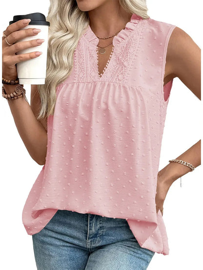 Women's Summer Ruffled Collar Swiss Dot Sleeveless Blouse